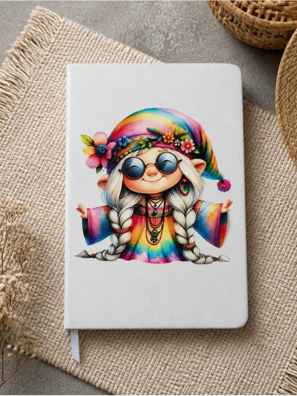 Colorful Hippie Girl Illustrated Journal - Rainbow Design